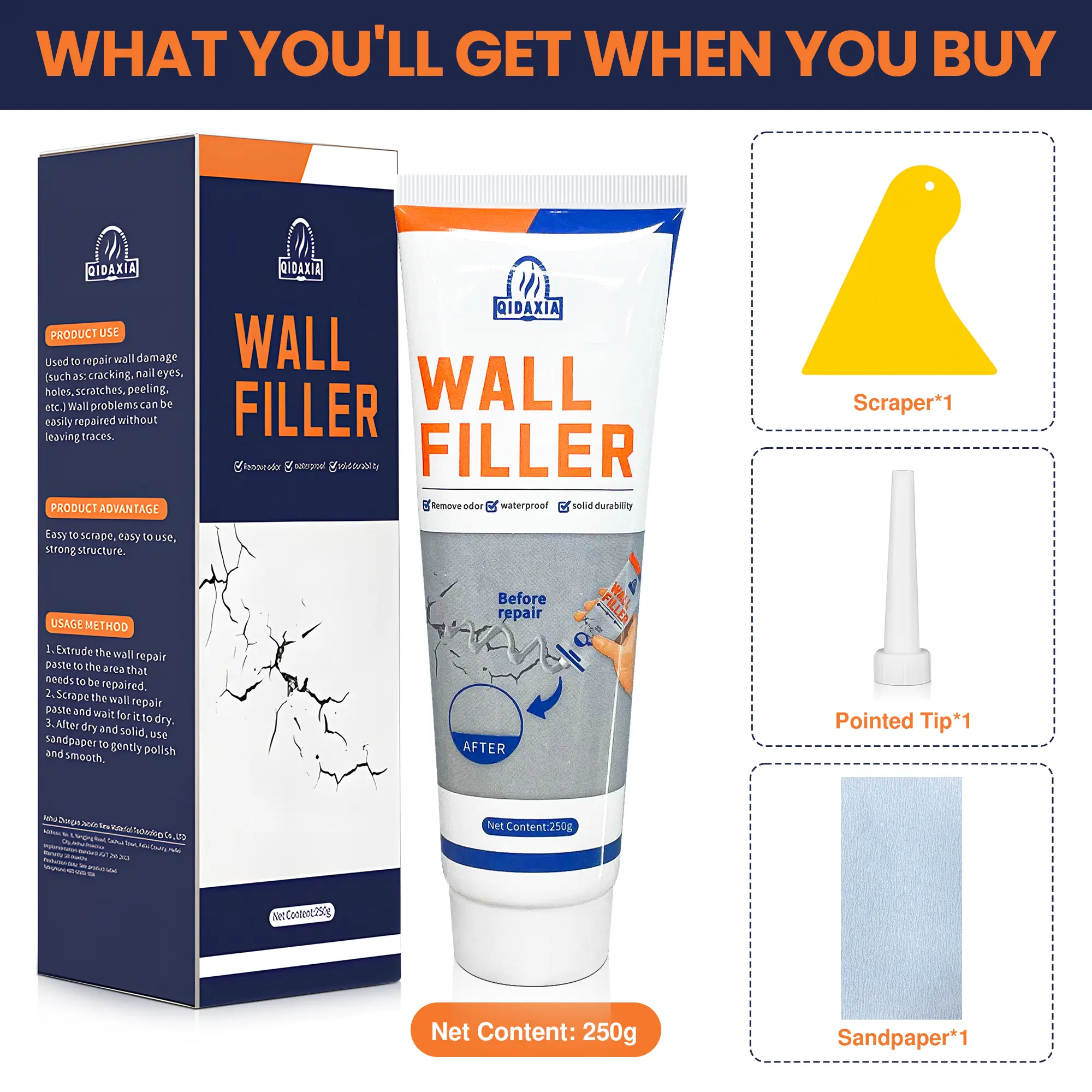 250g Drywall Repair Complete Set, Wall Hole Putty & Spackle Paste with Scraper, Wall Mending Agent for Filling Holes, Crack Repair & Smooth Surfaces, Home Quick Fix Solution