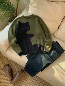 Men's Cartoon Cat Print Round Neck Sweater, Loose Casual Fashion Long Sleeve Crew Neck Jumper for Daily Outdoor Wear, Menswear Men Knitwear for All Seasons, Tops