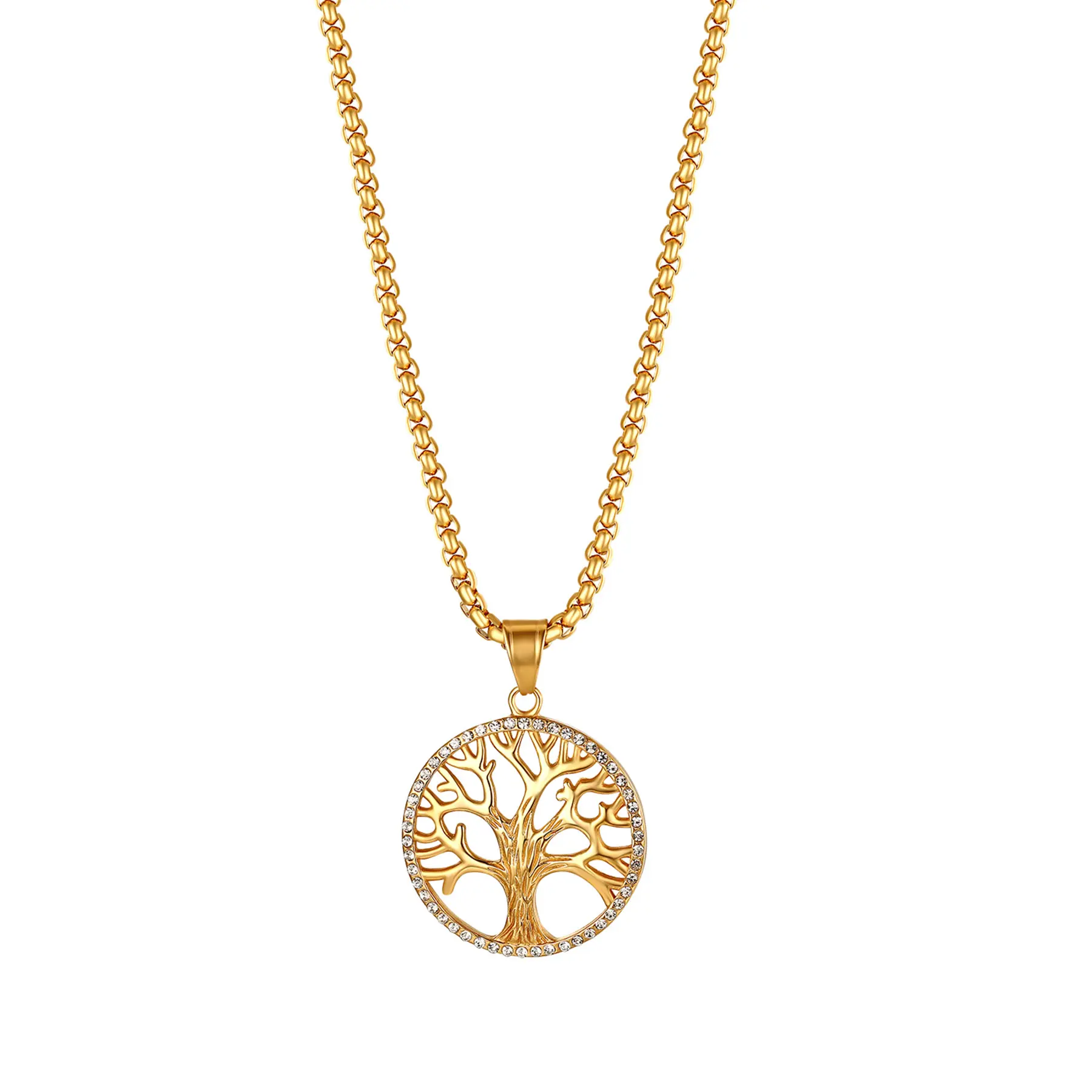 OIDEA Men's Tree of Life Chain Necklace, Bold Gold Aesthetic Stainless Steel Pendant with Openwork Art and Rhinestones, 22" Casual Chain, Tree Motif, Chain Jewelry Necklaces