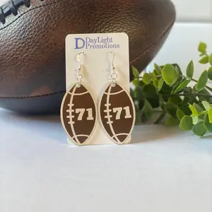 Personalized Acrylic Football Earrings Sports Jewelry for Teams Highschool or College with Player's Number Tackle Junior Varsity JV Recreation Rec Department Cheer Mom Girlfriend Booster laser engraving