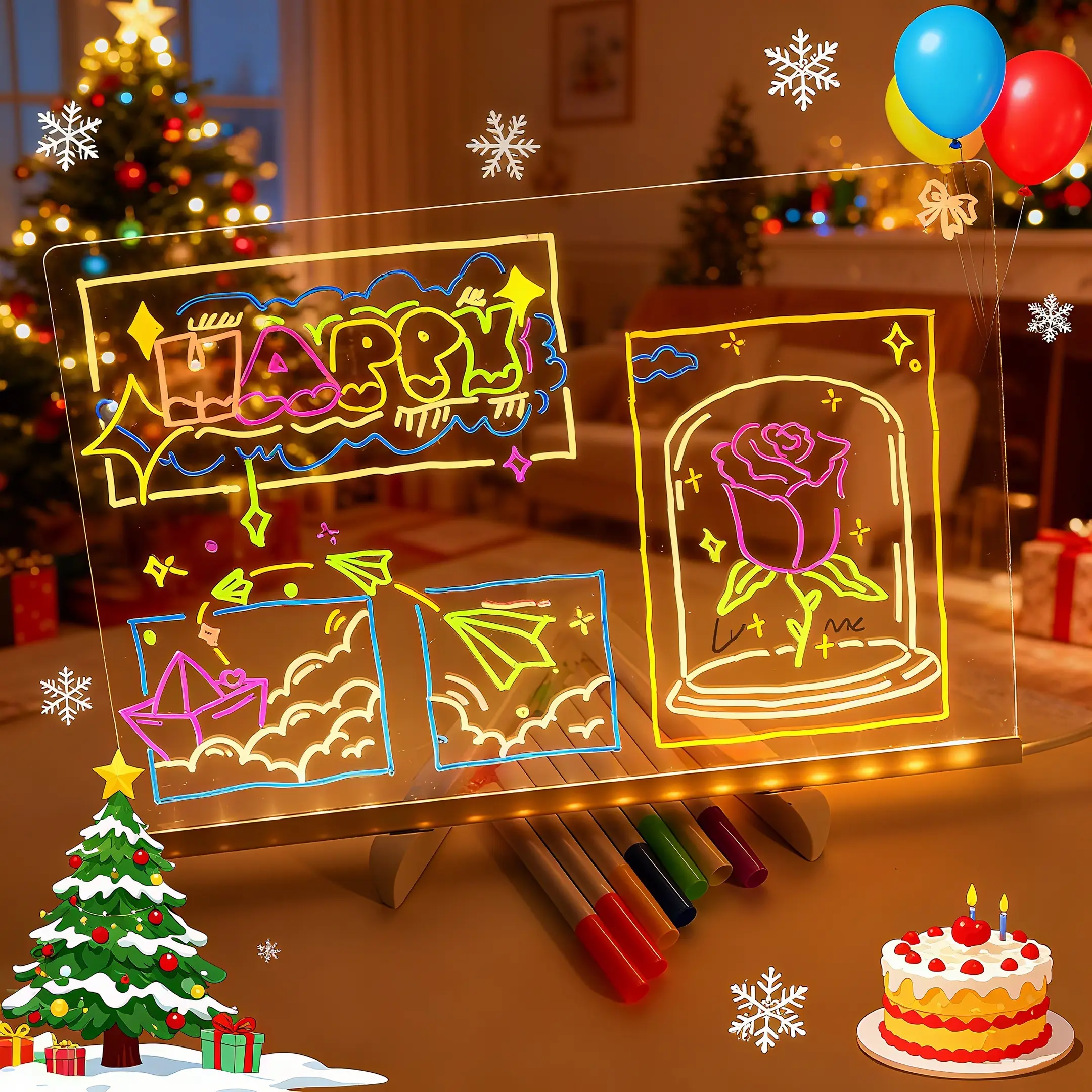 Lumiboard LED clear light  ight-Up Drawing Board 17/19.7inch Reusable Acrylic Dry Erase Board with Stand 7 Color Markers Perfect halloween Christmas Birthday Gift clear