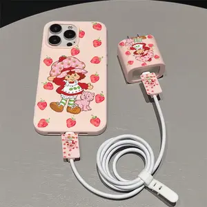 5 Piece Set Strawberry Phone Case, Charger Head Cover, Cable Protector, Storage Rope, Anti-Drop Protection Tpu Case for iPhone 6/7/8/x/11/12/13/14/15/16/17 Pro Max Accessories