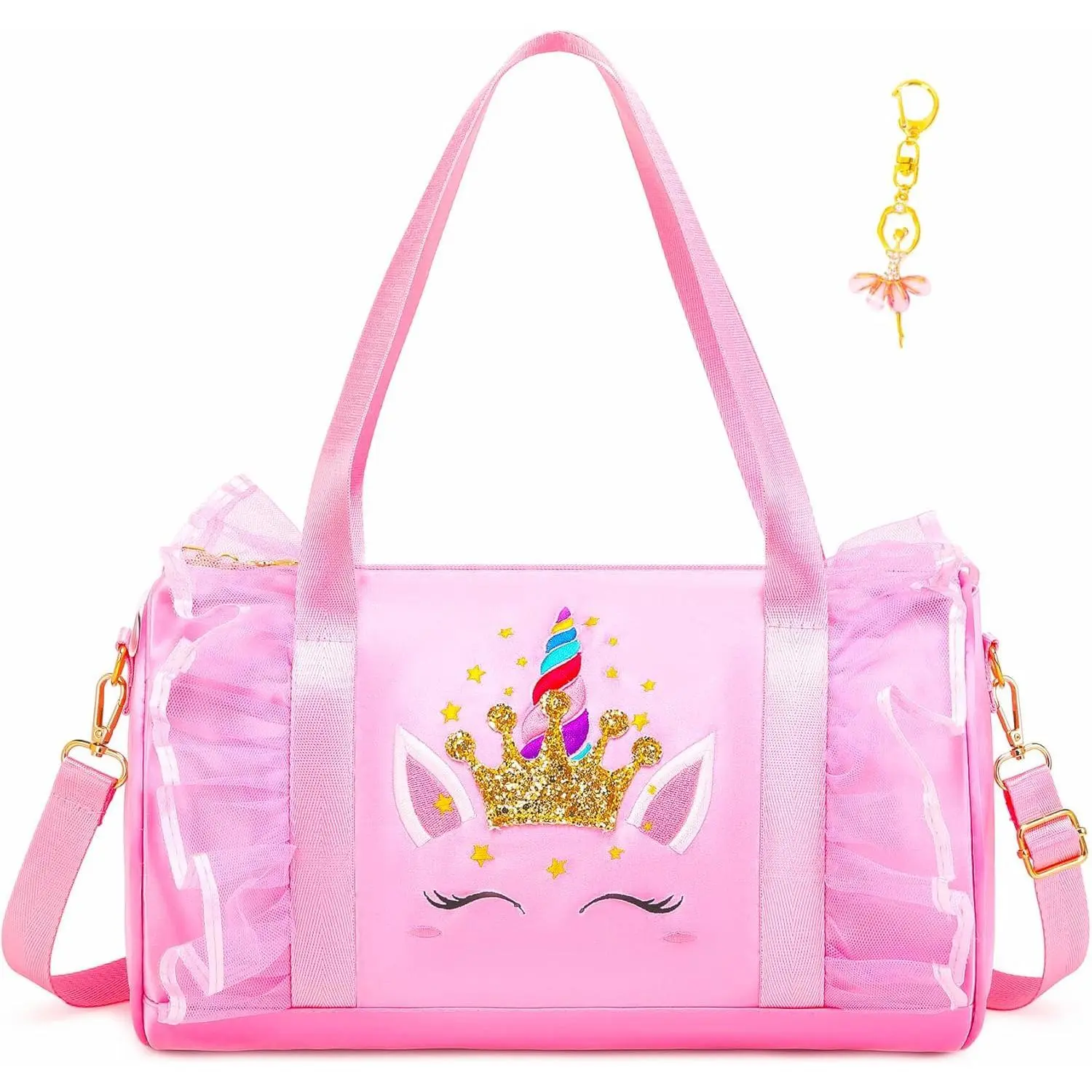 KF5-PBC15  Cute Ballet Dance Bag Gym Travel Duffle Bag for Girls Tutu Dress Bag with Key Chain for Girls (Pink4 of Long Mesh)