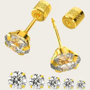 Unisex 5-Pair Push-in Flat Back Stainless Steel Stud Earrings Set, 2-8mm Cubic Zirconia CZ Studs, Trendy Jewelry for Cartilage & Multi-Piercing, Hypoallergenic Earrings Ideal for Birthday Gifts & Party Wear