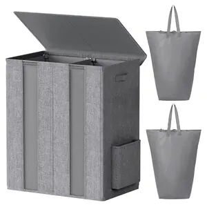 160L Upgraded Dual-Compartment Laundry Basket with Breathable Holes, Cover, Replaceable Bags, Foldable Dirty Clothes Storage Bin