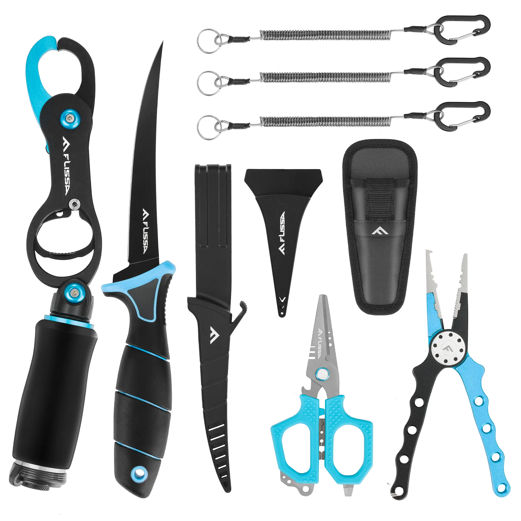 #summersale FLISSA Fishing Tool Kit, Fish Gripper with Scale, Braided Line Scissors, Fish Fillet Knife/Muti-Function Fishing Pliers/Fish Hook Remover, Saltwater Resistant Fishing Gear with Safety Coiled Lanyard