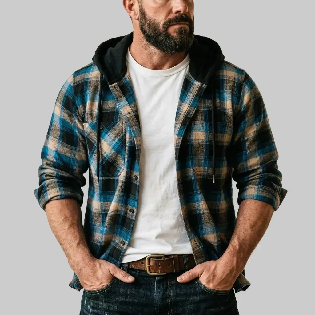 ZITY Men's Classic Plaid Flannel Shirt, Lightweight Hooded Button Down, Casual Streetwear Aesthetic Layering Top, Vibe, Menswear, Checked, Casual Loose Fit