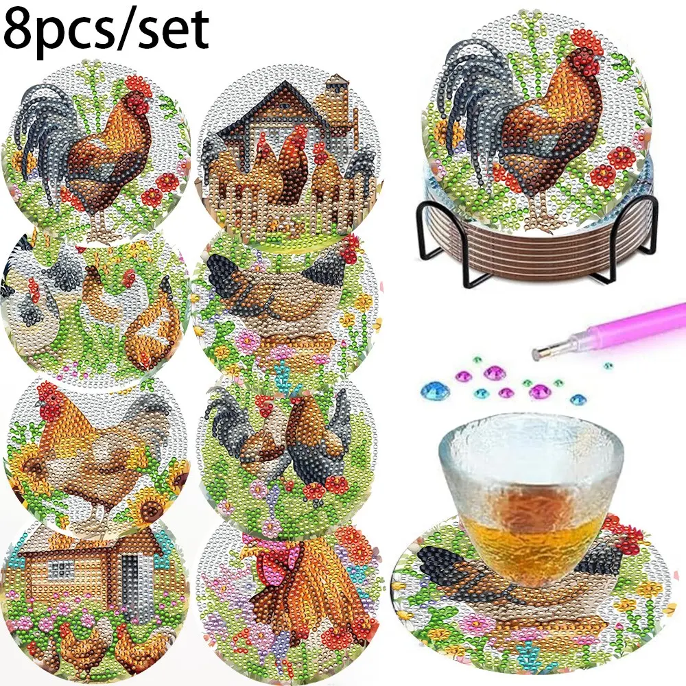 Set of 8 Diamond Paint Coasters for Drinks with Cute Rooster Design, DIY Drink Insulator and Non-Slip Mat, Perfect Gift for Art Lovers