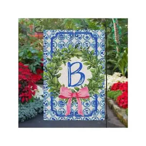 1pc, Chinoiserie Garden Flag, Name Initial Flags, Chinoiserie & Bow Flags, Boxwood Wreath, Yard Family Last Name Flag, 12x18 Inchs, Perfect For Thanksgiving, Christmas, And New Year Outdoor Decorations, Home And Scene Decor, No Flagpole Included