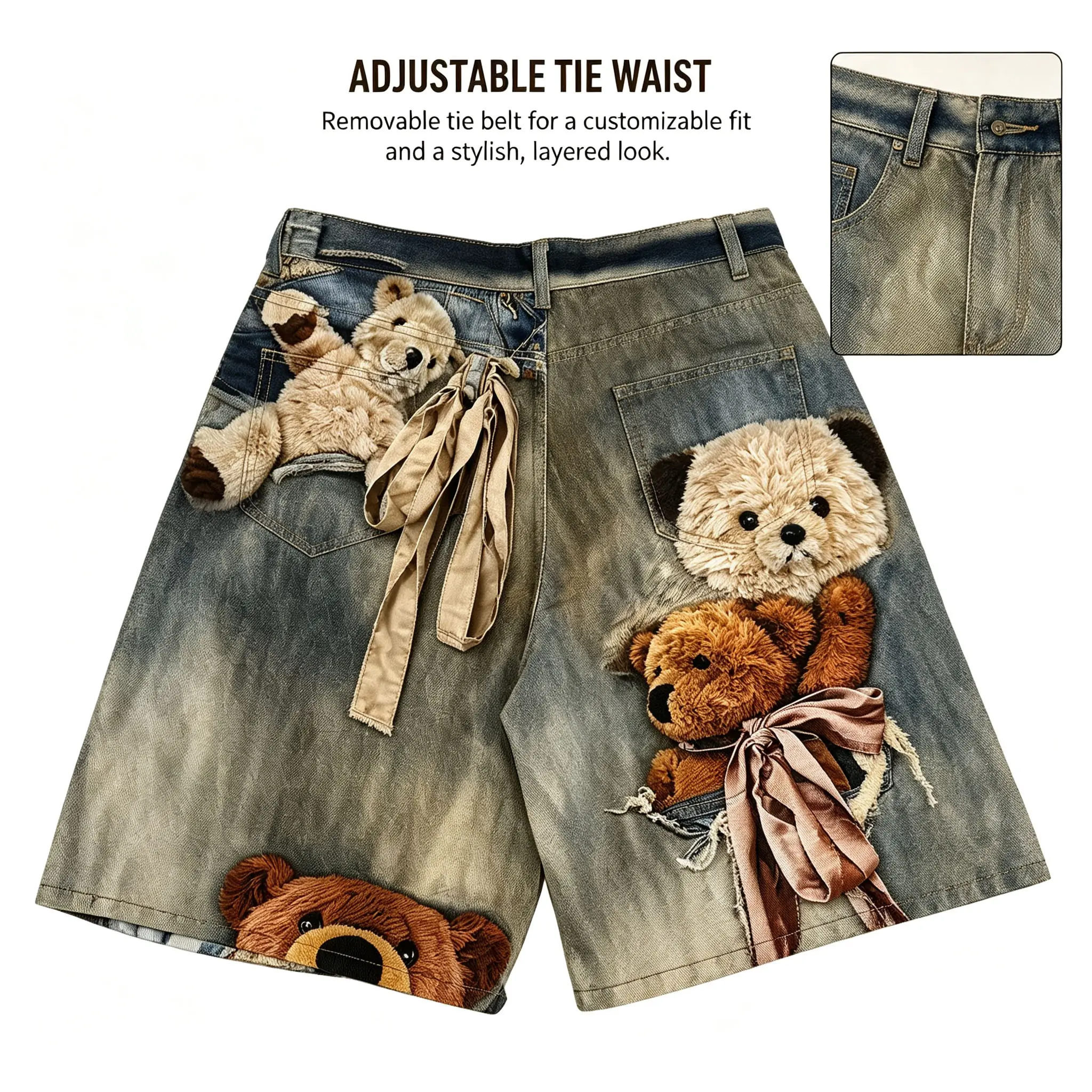 Y2K Kawaii Teddy Bear Print Baggy Denim Jorts High Waist Gradient Faded Loose Knee-Length Jean Shorts For Women, 3D Bear Graphic Satin Ribbon Tie Side Stripe Vintage Wash, Gen Z Festival Street Outfits Tummy Control Hide Thigh Fat