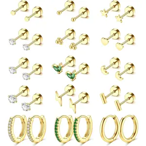 Hypoallergenic Surgical Stainless Steel Flat Back Earrings 15 Pairs for Sensitive Ears - Gold Stud Hoop Cartilage Earring Set for Luxury Jewelry