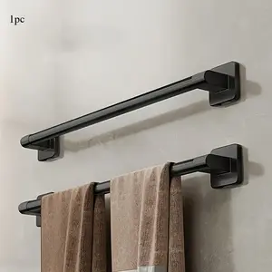 Black No-Drill Wall-Mounted Towel Rack, Strong Load Capacity Single Bar Holder for Towels & Washcloths, Space-Saving Bathroom Organizer, Bathroom Accessory, Modern Design with Sleek Finish, Perfect for Home and Kitchen Use, Contemporary Decor