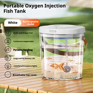 FIFLYPET Rechargeable Portable Fish Tank with Lid, Small Plastic Desktop Aquarium   360 Aquarium Kit for Tropical Fish, Betta Fish aquarium arm LED Lighting and Power Filter Clear, Goldfish Travel Fish Tank Continuous Oxygenation Breathable Top Cover