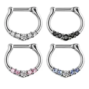 Surgical Steel Septum Clicker Ring 16 Gauge with 5 CZ Gems