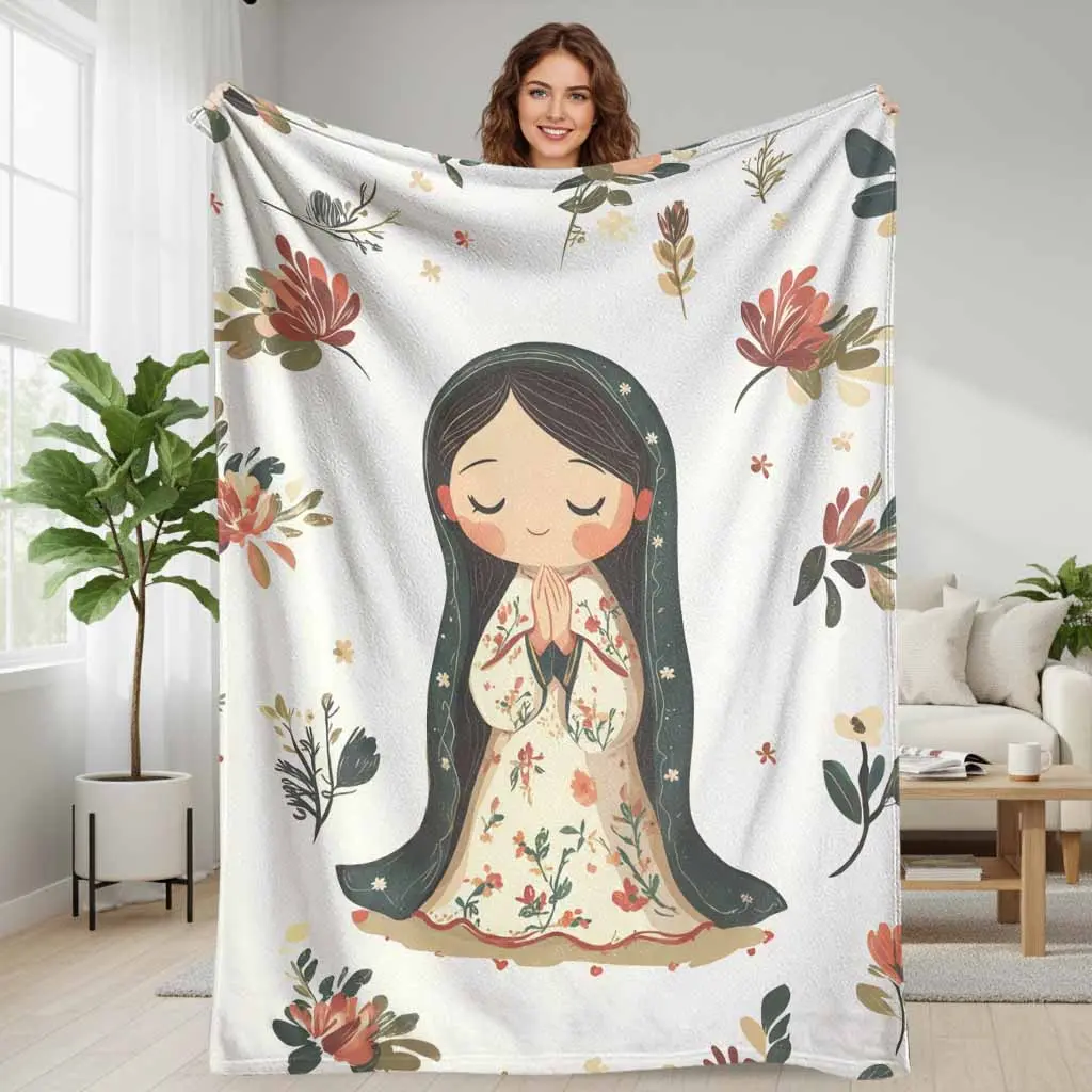 Anime Virgin Mary & Our Lady Guadalupeflannel blanket floral illustration print soft cozy lightweight warm versatile for home decor spiritual space holiday gift church use