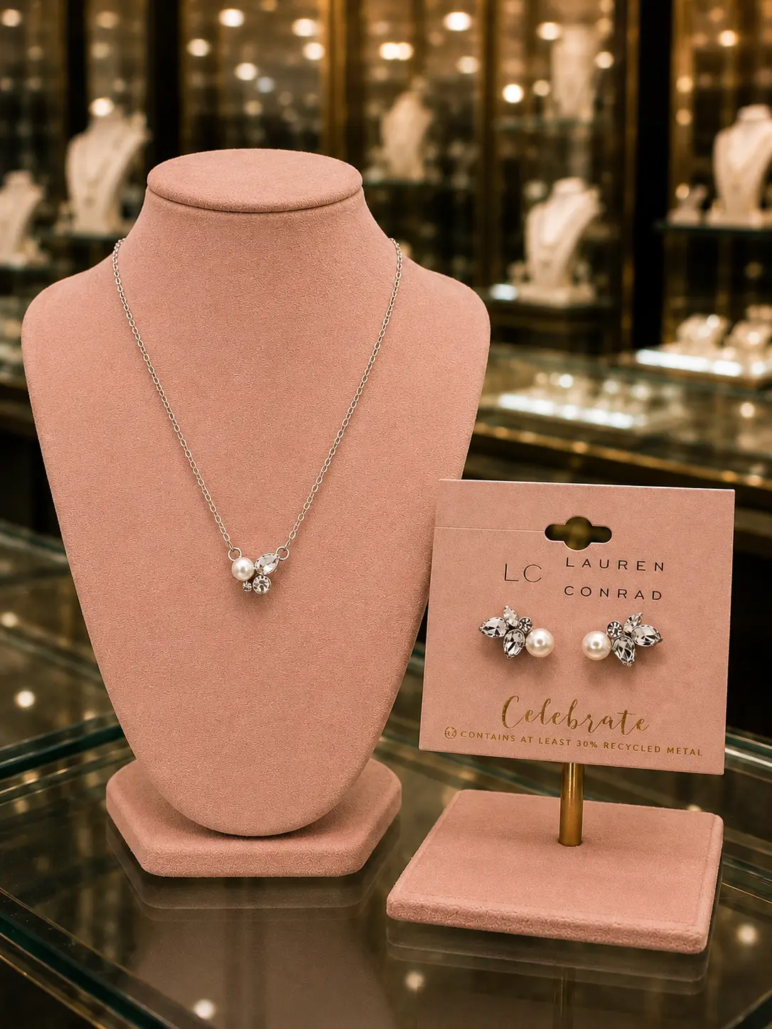 Female LC Lauren Conrad 2-Piece Adjustable Costume Jewelry Set - Crystal Stones Clustered Airy Floral Necklace, Earrings for Everyday Wear