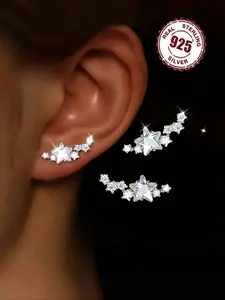 A pair, S925 silver, women's fashionable earrings, star earrings, Artificial zircon earrings, delicate personality, fresh and shining, versatile, suitable for women's parties and daily wear, low allergy, Zircon Stud Earrings
