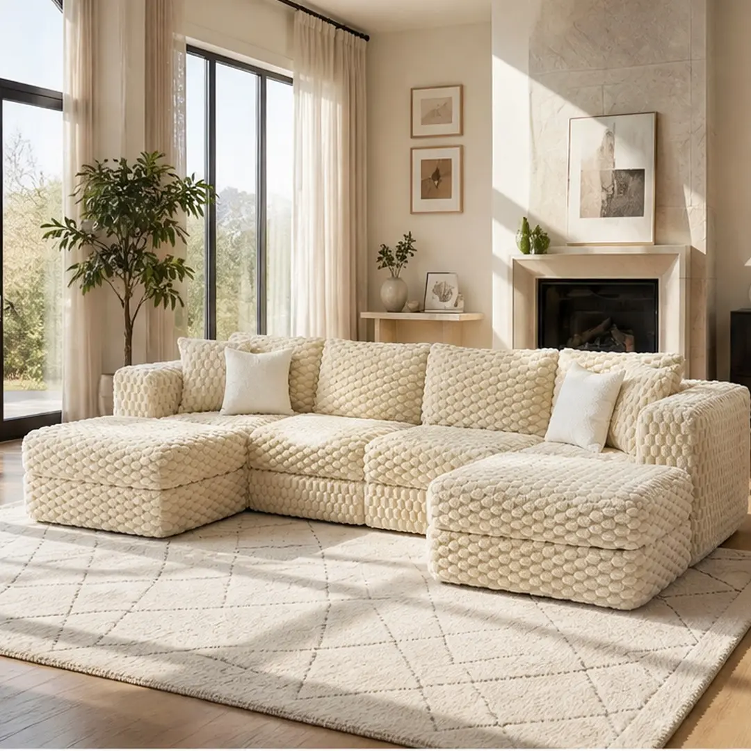 ARCH Modular Sectional Sofa 135.4" Boneless Couch with 2 Movable Ottomans, 6-Seat L-Shape Sofa Set, Bubble Velvet Upholstered Living Room Sofa, Coffee Color, Foam Filled, American Design, Includes 4 Throw Pillows, Coffee Color Options