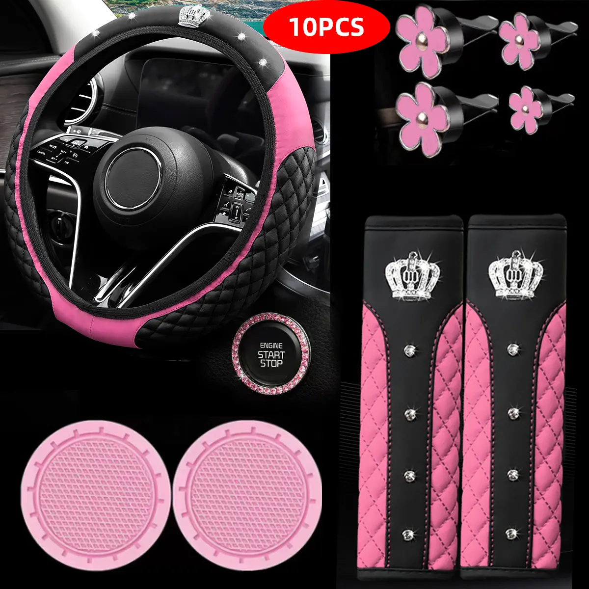 10pcs Universal Luxury Car Steering Wheel Cover, Shoulder Protector with Daisy Vent Clips - Value-Added Combo Set, Non-Slip Breathable All-Season Interior Decor Gift for Most, Steering Wheel Cover, Steering Wheel Cover For Car