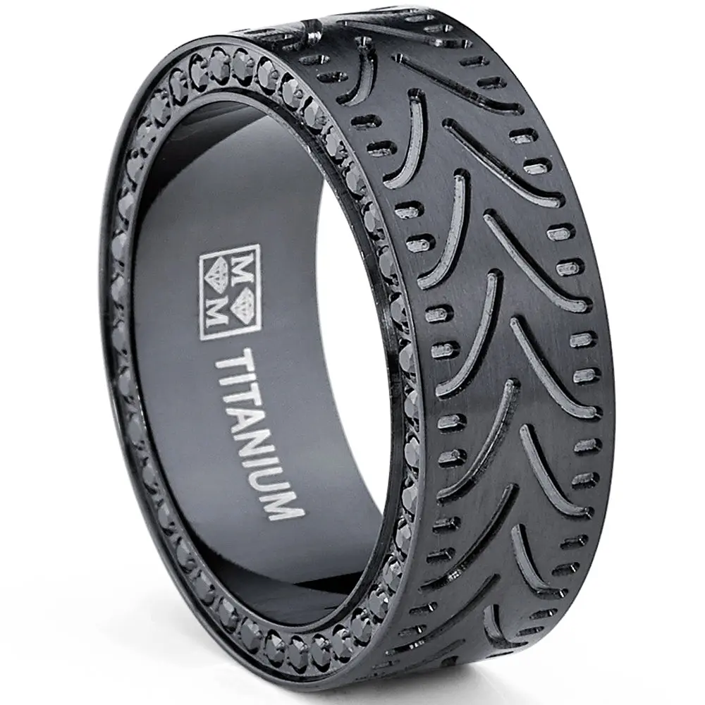 Black Titanium Men's Eternity Engagement Wedding Band Ring with Black Cubic Zirconia CZ, 8mm