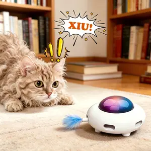 "Interactive Cat Toy，Replaceable and durable accessor，USB Rechargeable，White，Entertainment with 6pcs Feathers -UFO"
