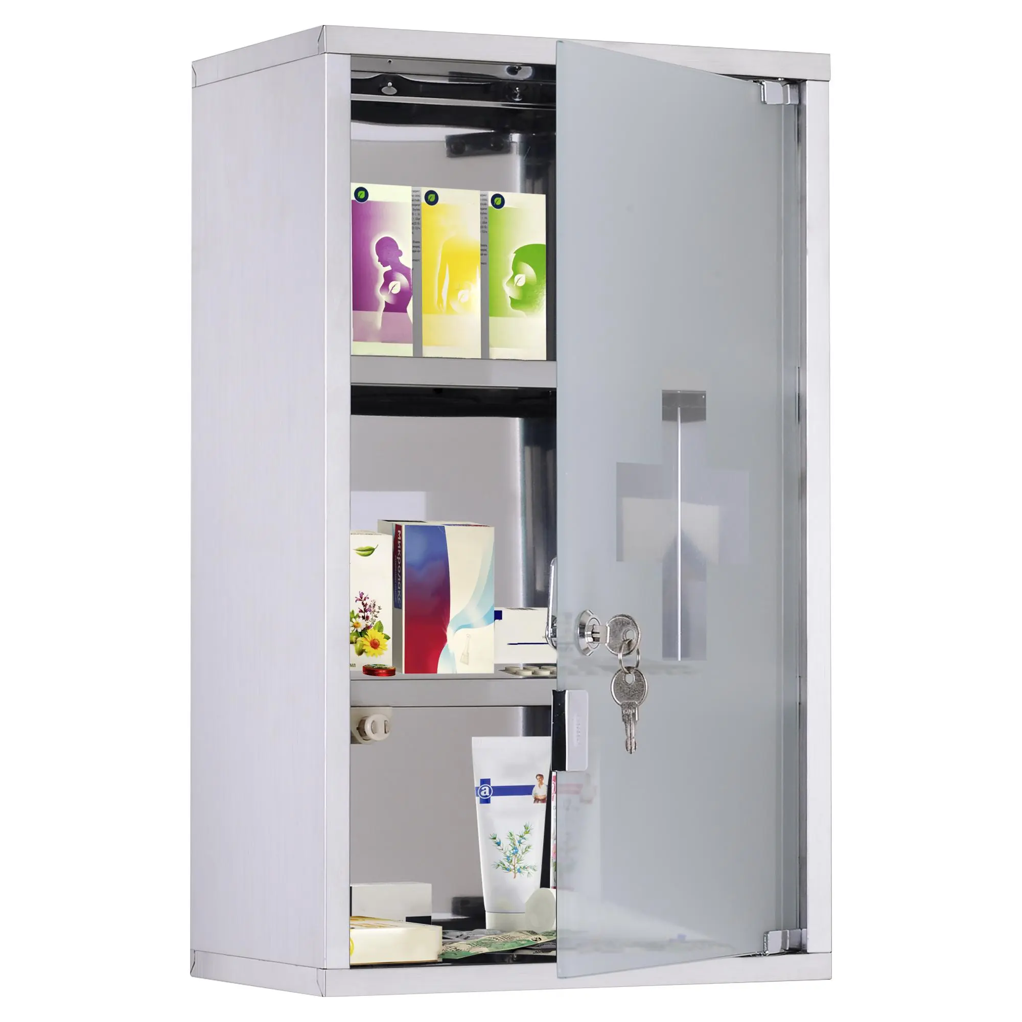HOMCOM Locking Kid-Safe Child-Friendly Bathroom Wall Cabinet, Stainless Steel Frame Cupboard with 3-Tier Shelves, Glass Door & 2 Keys, Silver, 12"x20", Tiered Multi-Compartment Wall Cabinet, Tiered Wall Cabinets