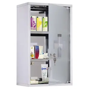 HOMCOM Bathroom Wall Mounted Medicine Cabinet, Locking Stainless Steel Frame Cupboard with 3-Tier Shelves & Glass Door, 2 Keys Included, Silver, 12" x 20", Bathroom Wall Cabinet