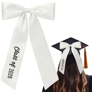 Suncalla Embroidery Graduation Bow Class of 2026 White Long Graduation Cap Bow Decor Senior Class of 2026 Graduate Gift Hair Accessories for Girl Students Cap Decorations