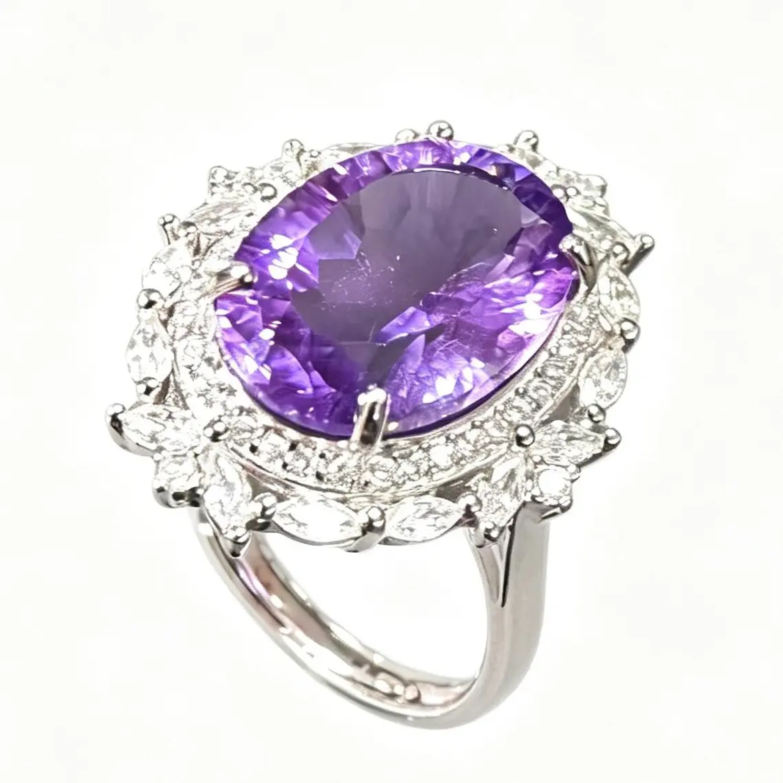 14×10mm Oval Amethyst Floral Halo Ring 925 Sterling Silver Adjustable | Natural Amethyst CZ Statement Ring