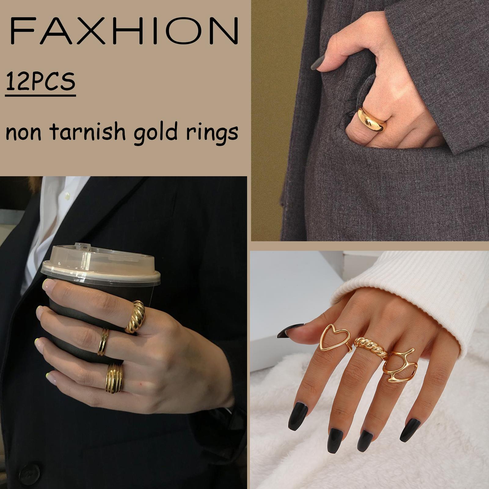 17KM 12PCS Gold Stackable Rings Set for Women, 18K Gold Plated Open Stacking Knuckle Ring, Adjustable Chunky Signet Band Statement Ring for Gift