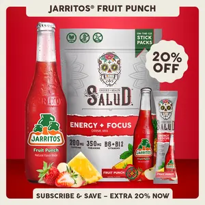 Salud x Jarritos 2-in-1 [Energy + Focus – Fruit Punch] Clean Energy Drink Mix, Agua Fresca, Organic Caffeine, B6 & B12, L-Theanine, Drink Packets, Non-GMO, Gluten Free, Vegan, Low Calorie, 1g Sugar (15 Servings)