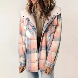 Amzglee Women's Polyester Flannel Collared Long-Sleeve Hooded Plaid 2026 Shacket Tops, Thick Comfortable Button-Down Winter Warm Coat with Pockets for Everyday Casual Wear