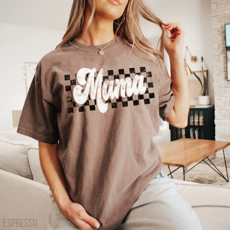Comfort Colors Checkers Mama T-shirt, Retro Vintage Mama Graphic Tee, Motherhood Shirt, Trendy Checkered Print Tee, Comfortable Mama Top