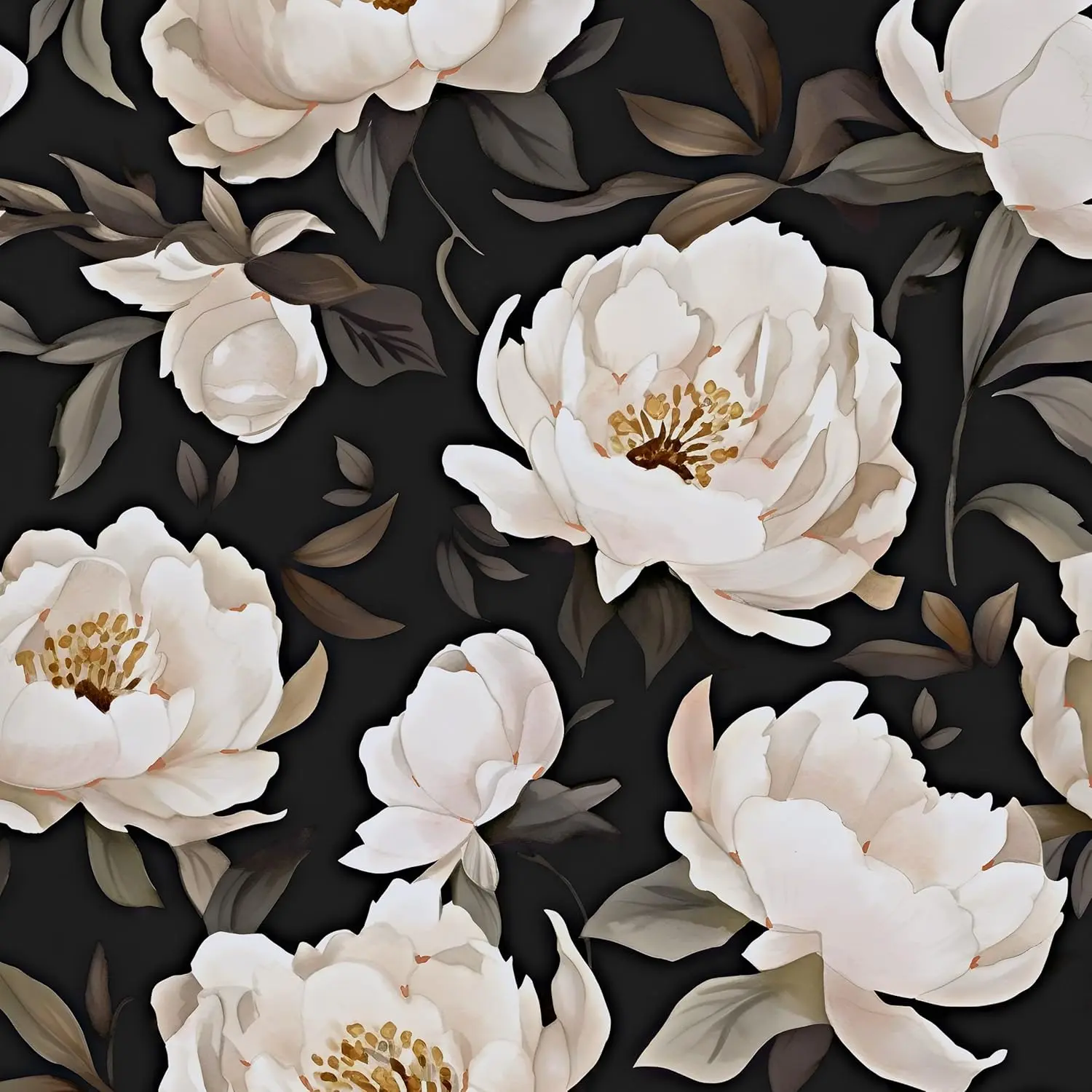 Peel and Stick Floral Vinyl Wallpaper Rolls - Thick, Black/Beige, 17.5in x 118in Vintage Large Peony Mural, Self-Removable, Waterproof for DIY Enthusiasts' Indoor Room Bedroom Use, Indoor Use