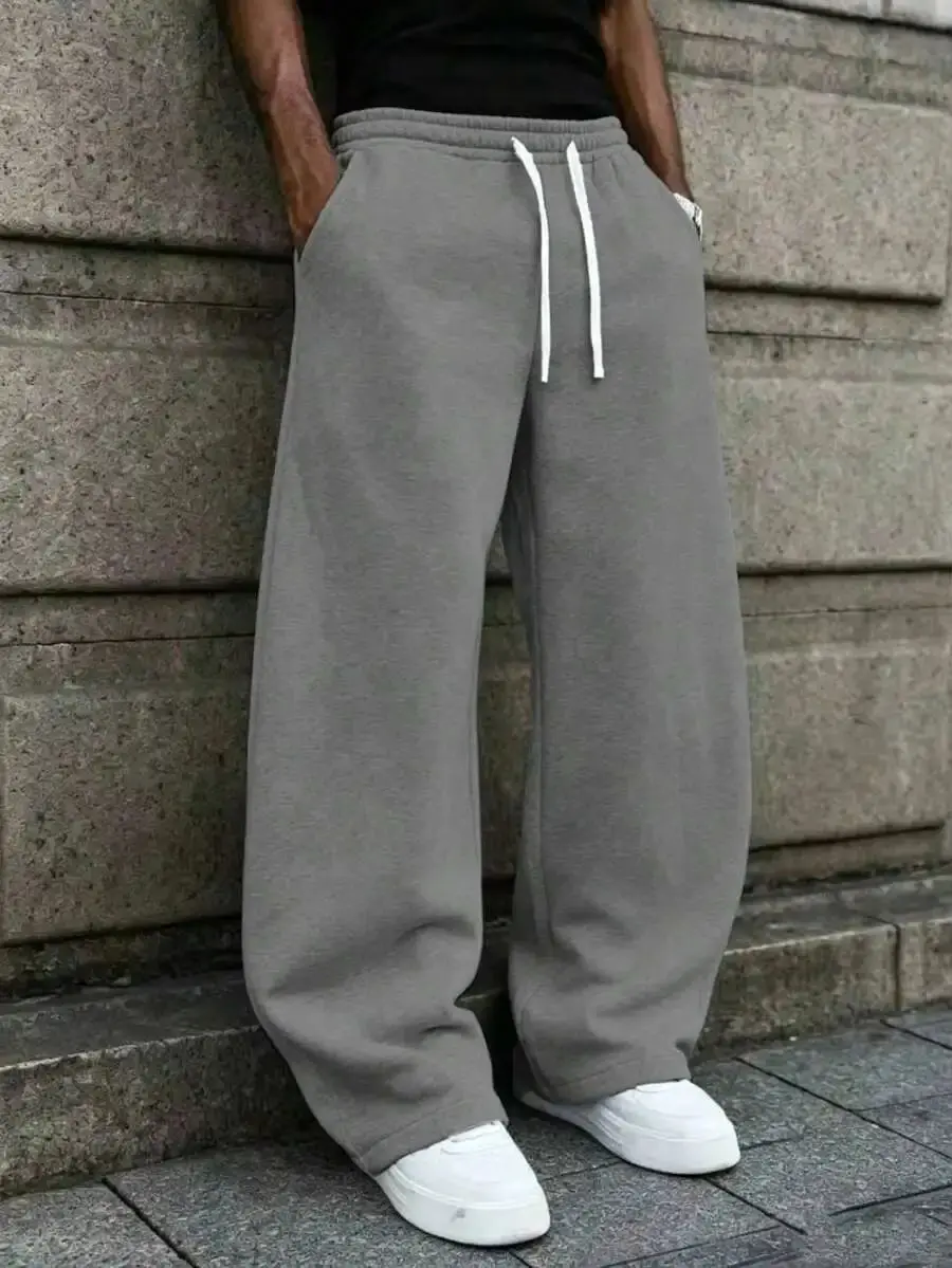 Men's Solid Color Uncuffed Sweatpants, Pockets On Both Sides, Moisture-Wicking And Breathable Cotton, Loose And Comfortable Fit,