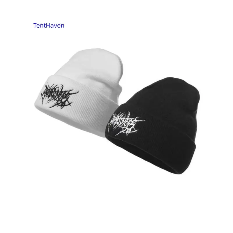 Unisex Solid Color Embroidered Gothic Street Punk Knitted Beanies - Warm Adjustable Acrylic Skull Ski Cap, Soft Cold Weather Autumn Winter Headwear, Men's Casual Accessories