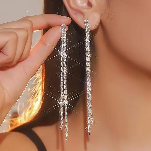 Serelune Jewelry B Silver Sparkly Rhinestone Long Tassel Chandelier Earrings for Women, Crystals Accents, Sensitive Ear-Friendly, for Party, Special & Daily Outfit Accessories