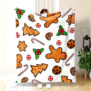 Cozy Christmas Gingerbread & Candy Print Flannel Throw Blanket - Soft, Warm, And Versatile For Couch, Bed, Sofa, Office, Or Travel