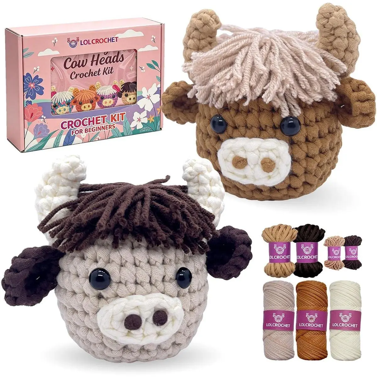 Crochet Kit for Beginners - 2 Pcs Highland Cow Crochet Starter Kit with Step-by-Step Video Tutorial, Easy Amigurumi Set for Adults, Women Girl Learn to Crocheting Gift Idea