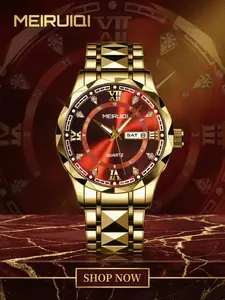 Men's Watch, Steel Quartz Watch, Wine Dial, Vintage Roman Numerals, Diamond Markers, Dual Calendar, Stainless Steel Strap, All Seasons