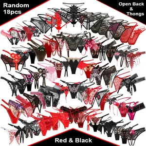 18pcs/pack assorted styles high-quality women’s thong panties in red and black series embroidered and hollow-out design pearl crotch soft lace fashionable and trendy panties seamless and invisible suitable for romantic dates and stylish everyday wear