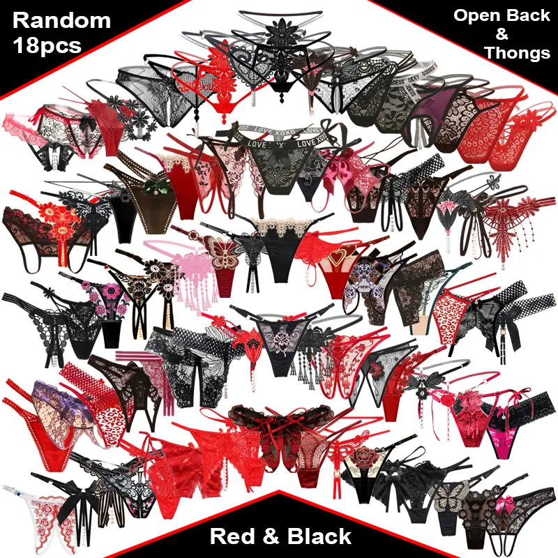 Women's Thongs Pack of 18 Assorted All Different Styles Red/Black Tongs Crotchless & Beaded Gusset Pants Soft Seamless Lace Underwear Adjustable Waistband and Beaded Gusset for Romantic, Embroidery, Comfortable, Breathable, Lingerie, Underwear For Women,,
