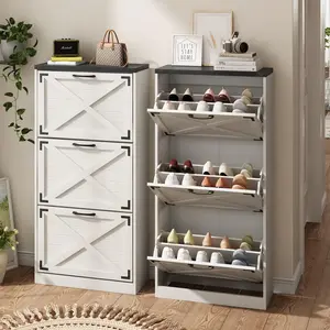 Vabches 24" W Farmhouse Shoe Cabinet Storage for Entryway, Freestanding Organizer with 3 Flip Drawers, Narrow Shoe Rack Cabinet with Metal Corner Decoration