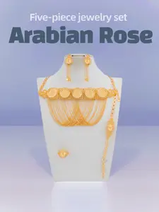 Middle Eastern Arabian rose print jewelry five-piece set Fashionable jewelry set Round golden coin with pendant chain tassel design Unique champagne golden Noble atmosphere The wedding dinner is gorgeous
