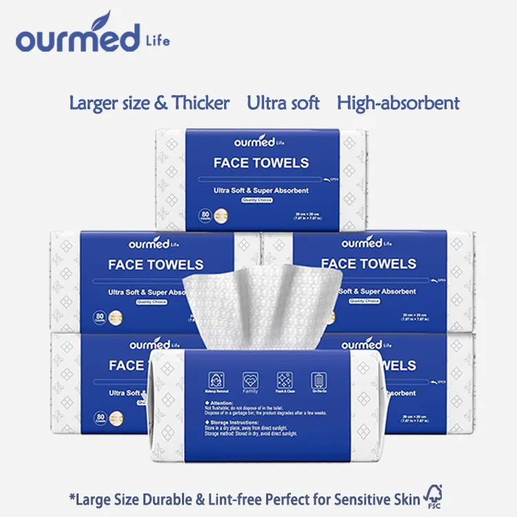 Ourmed Life Disposable Face Towel - Biodegradable, Lint-Free, Tear-Resistant Skin Cleansing Tissues for Sensitive Skin, Makeup Remover & Skincare, Dot Texture, 480/240/80 Count