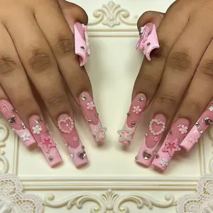 Sakura Blossom Extravaganza Extra Long Square Baby Pink Press On Nails with Floral and Gemstone Embellishments