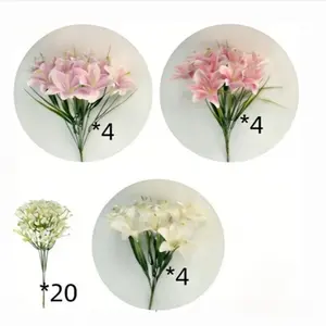 32-Piece Artificial Lily & Baby's Breath Bouquet Set, White Pink Faux Flowers, Plastic Fake Floral Arrangement for Home Wedding Office Easter Mother's Day Spring Decor, Artificial Flowers For Outside, Vase Not Included