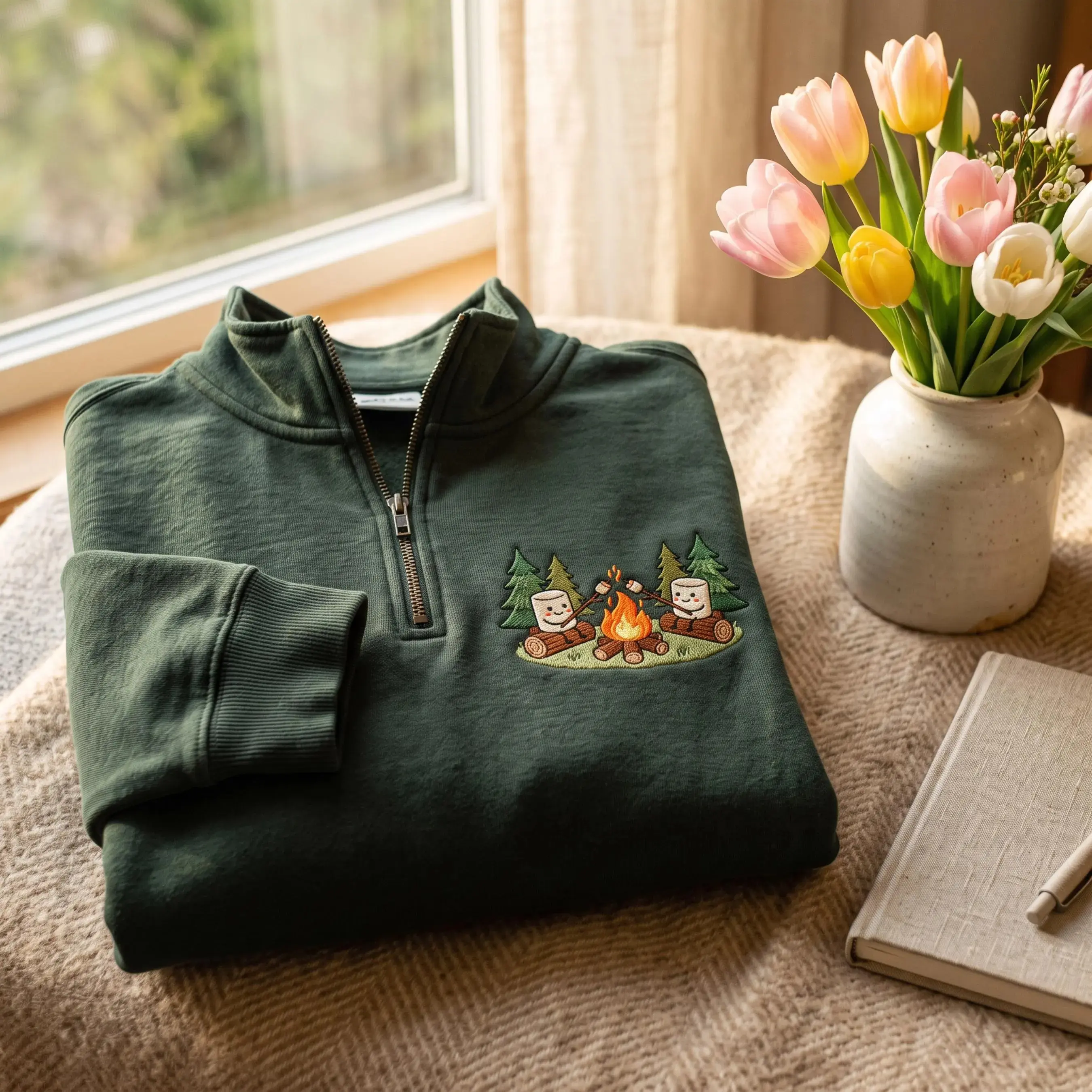 [MADE IN US] Embroidered Funny Camping Life Quarter Zip Sweatshirt, Marshmallow Shirt, Camping Girl Shirt