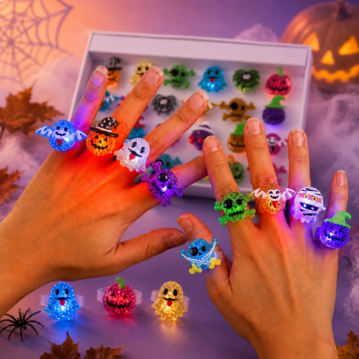 2026 New Spooky Halloween LED Light-Up Flashing Rings (24PCS Assorted), Trick-or-Treat Gifts, Party Favors & Goodie Bag Prizes