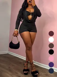 Women's 2 in 1 Draped Design Romper, Casual Thigh Fitted Long Sleeve Skinny Romper for Daily Wear, Ladies Clothes for Spring & Fall